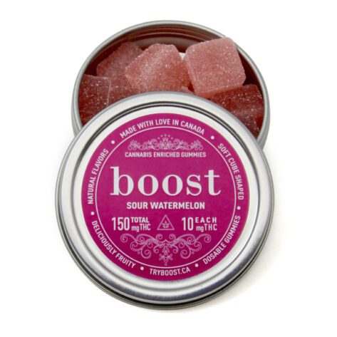 Boost THC Sour Watermelon- 150mg (10mg/Gummy)  Boost Edibles | Canada