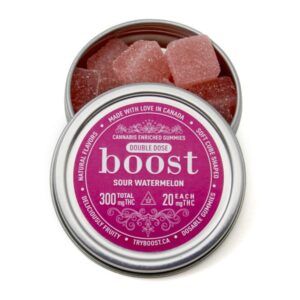 Boost THC Sour Watermelon- 300mg (20mg/Gummy)  Boost Edibles | Canada