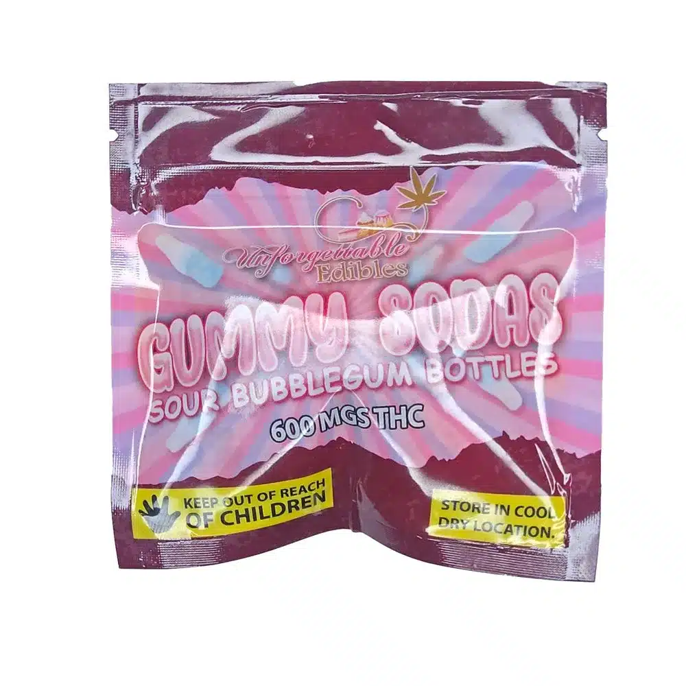 Unforgettable Edibles – Gummy Sodas Sour Bubblegum Bottles 600mg THC product image