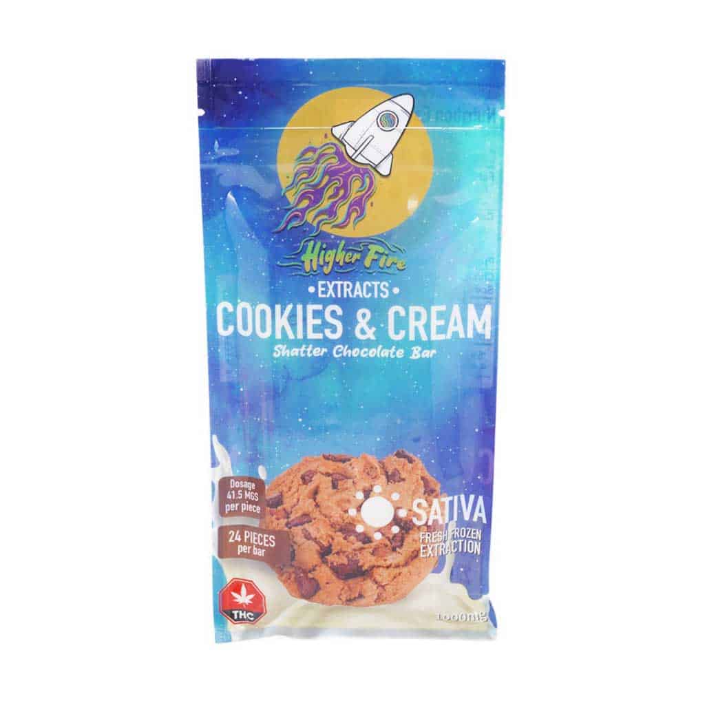 Higher Fire Extracts – Shatter Chocolate Bar – Cookies and Cream 1000mg THC (Sativa) product image