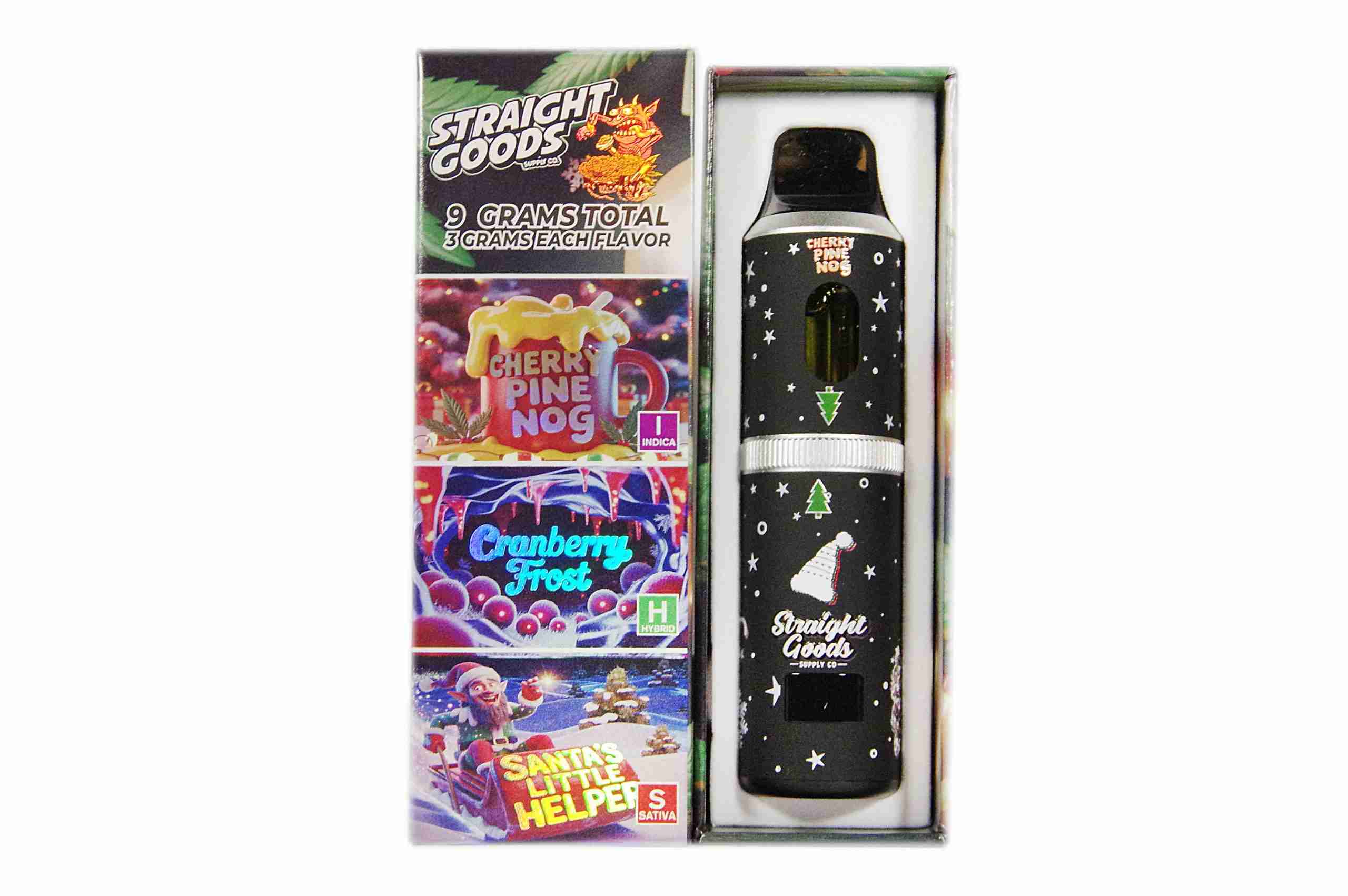 Straight Goods – Triple Chamber Vape – Christmas Series – Cherry Pine Nog + Cranberry Frost + Santa’s Little Helper (3 Grams + 3 Grams + 3 Gram) product image