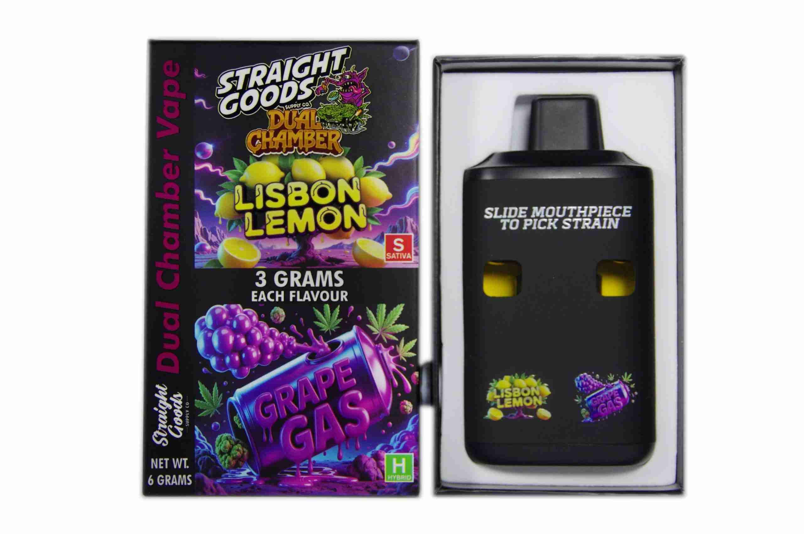 Straight Goods – Dual Chamber Vape – Lisbon Lemon + Grape Gas (3 Grams + 3 Grams) product image