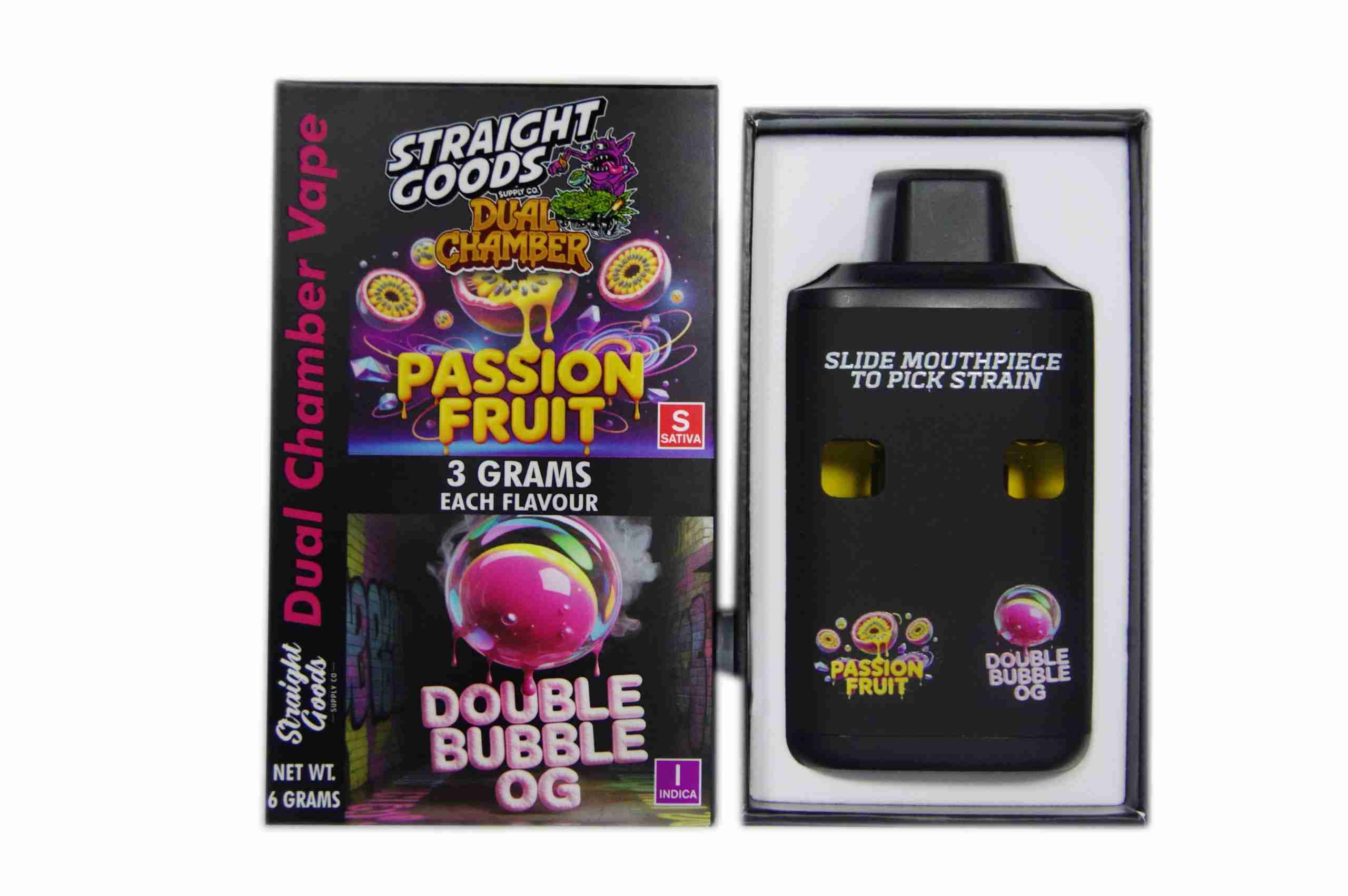 Straight Goods – Dual Chamber Vape – Passion Fruit + Double Bubble OG (3 Grams + 3 Grams) product image
