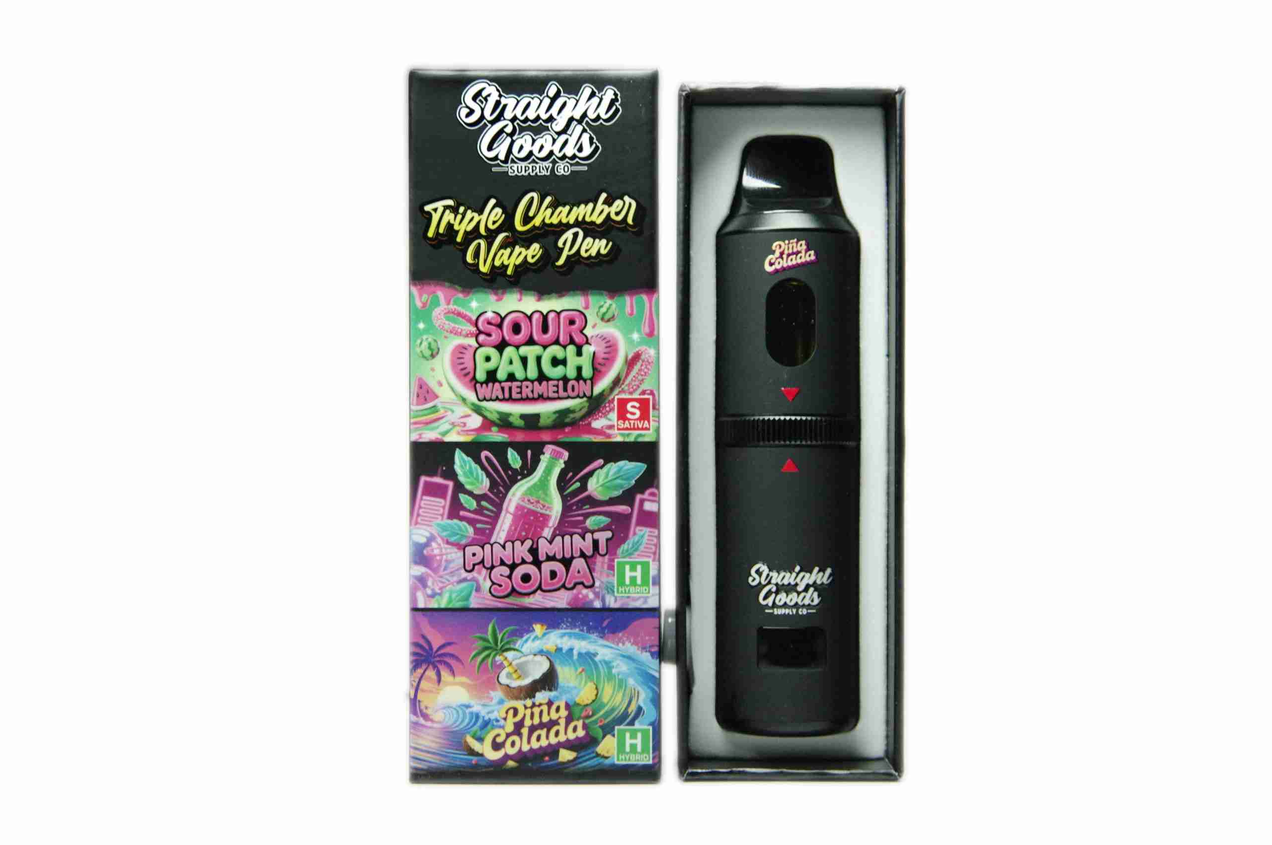 Straight Goods – Triple Chamber Vape – Sour Patch Watermelon + Pink Mint Soda + Pina Colada (3 Grams + 3 Grams + 3 Gram) product image
